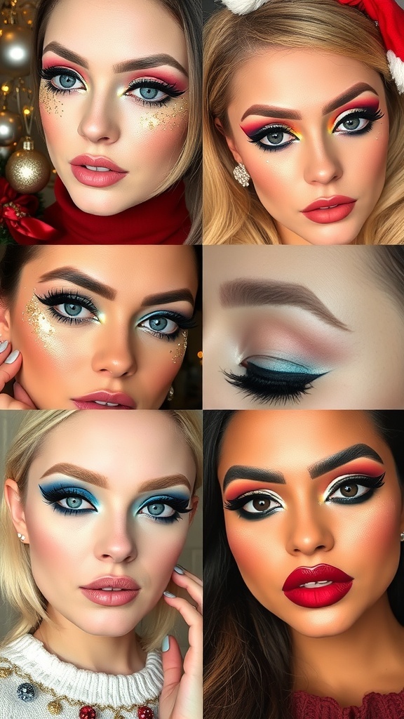 Collage of festive Christmas makeup looks with various colors and styles.